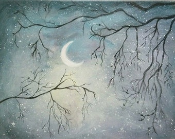 Crescent moon sky tree air atmospheric art home decor wall original painting