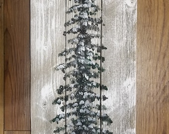 Snowy Pine tree rustic art home decor winter wood painting reclaimed 2 feet evergreen