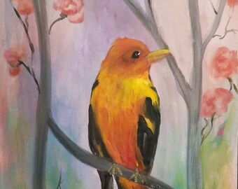 A beautiful happy song spring songbird art painting