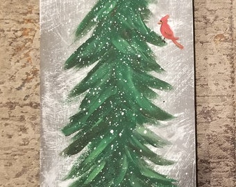 Cardinal in Snowy pine tree winter magic 4 feet art gift home wood art hand painted porch wall leaner