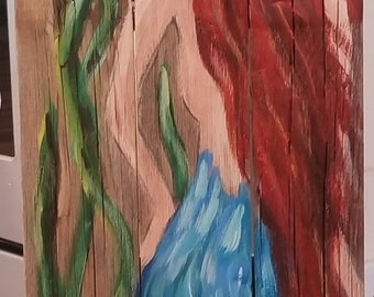 Mermaid red hair 3ft reclaimed wood art painting nautical beach home decor