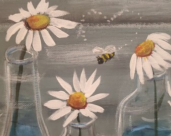 Daisies bumblebee whimsical believe original painting wall art