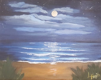 Full moon reflections stars surf beach sea ocean original painting art