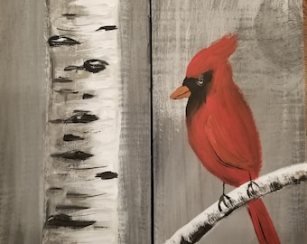 Red cardinal bird on birch tree rustic art reclaimed wood painting gift 11x28