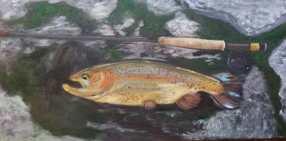 Catch and Release fishing Rainbow trout fisherman fishing pole home decor  nature fish art Original Painting