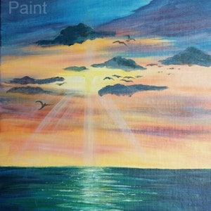 May include: An acrylic painting on canvas depicting a sunset over the ocean with dark blue clouds, a bright yellow sun, and light rays reflecting on the water. Several birds are flying in the sky. The text Paintinglola's Passion to Paint is visible.