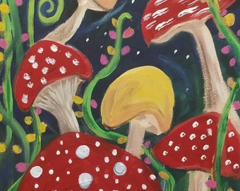 Mushrooms bugs and berries garden art original painting canvas home decor wall office studio