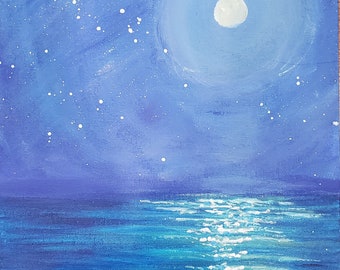 Moon stars surf beach sea ocean original painting art