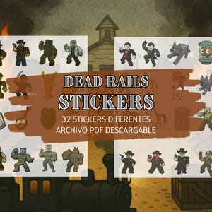 以下が含まれることがあります： ゲームのキャラクターとオブジェクトをフィーチャーした、32枚のDead Railsステッカーのセット。ステッカーは白い紙に印刷され、グリッドパターンで配置されています。「Dead Rails Stickers」というテキストは、赤い背景に茶色の文字で印刷されています。「32 Stickers Diferentes」と「Archivo PDF Descargable」というテキストは、茶色の背景に白い文字で印刷されています。