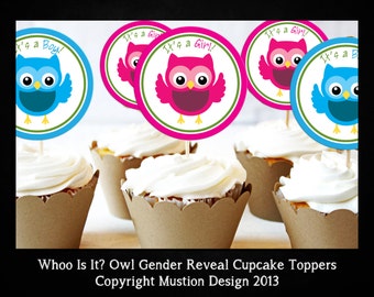 Owl Gender Reveal Printable It's a Boy & It's a Girl Cupcake Topper Template
