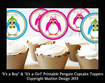 Printable Penguin It's a Boy & It's a Girl Cupcake Topper Template