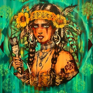 May include: A vibrant painting of a woman with Native American-inspired face paint and jewelry, holding a paintbrush. She wears a yellow headband, flowers, and feathers in her hair. The background is teal with geometric and floral patterns.