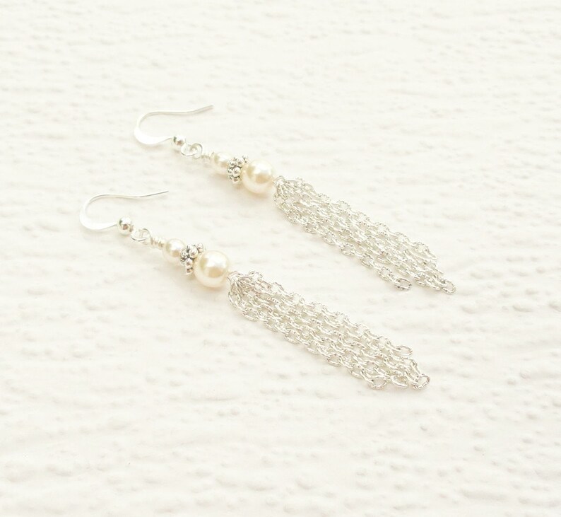 White Pearl Tassel Earring Silver Tassel Earring with Pearl Etsy