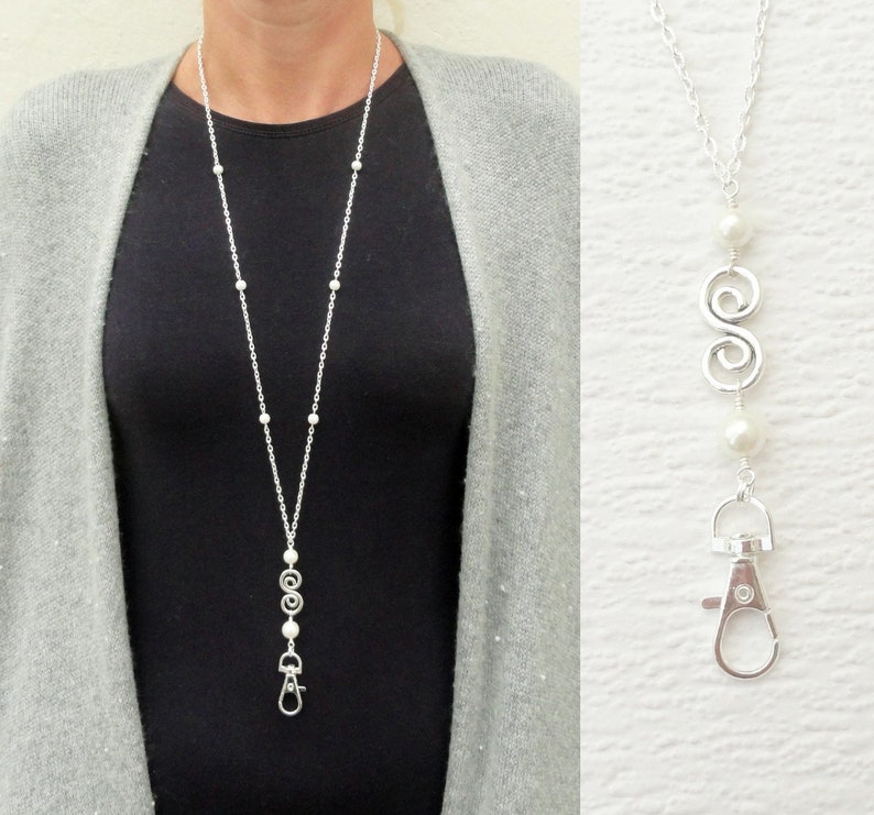 Geometric Lanyard Woman Gift Nurse Silver Lanyard Necklace S Charm Pearl Lanyard White Pearl Badge Holder Silver Pearl ID Badge Holder