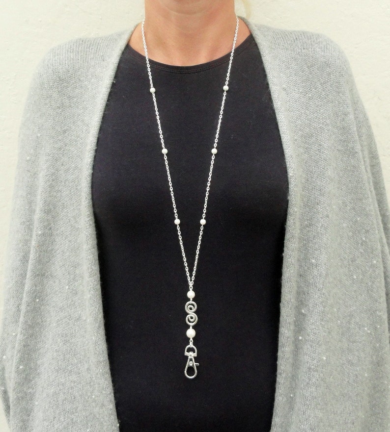 Geometric Lanyard Woman Gift Nurse Silver Lanyard Necklace S Charm Pearl Lanyard White Pearl Badge Holder Silver Pearl ID Badge Holder