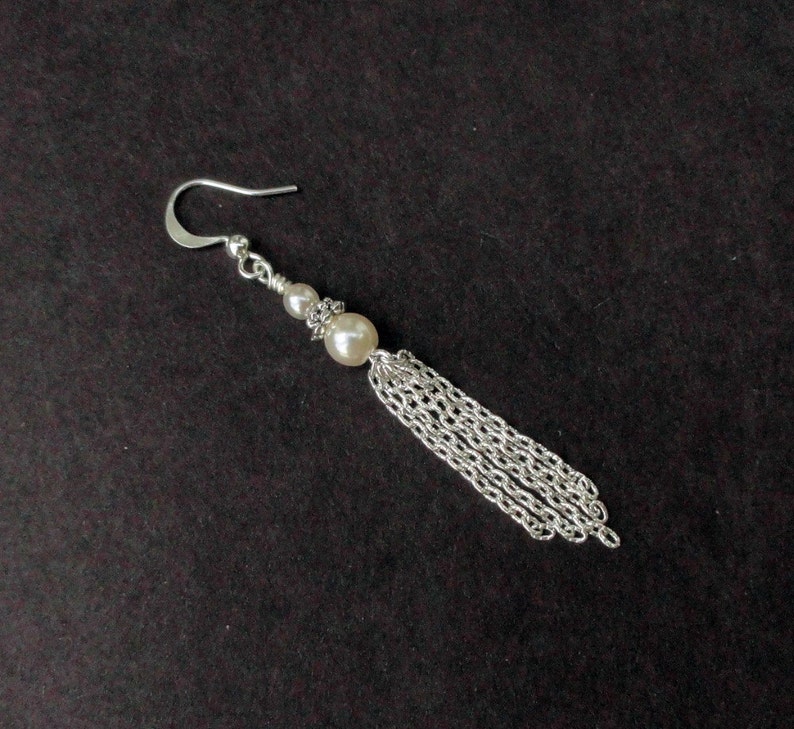 White Pearl Tassel Earring Silver Tassel Earring with Pearl Etsy