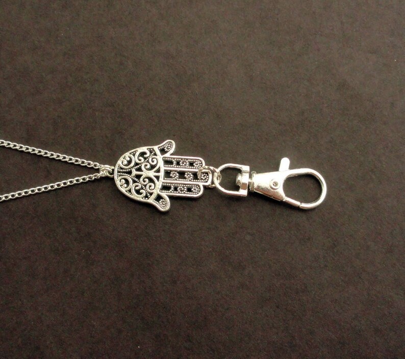 Lanyard Silver Boho Silver Lanyard Simple Modern Women Name Badge Holder Necklace Hand of Fatima Hamsa Hand Lanyard Silver Mask Holder