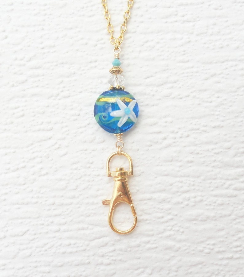 Beach Lover Gift Blue Lanyard Necklace Gold ID Badge Holder Beach Lanyard Beach Glasses Holder Gold Lanyard Ocean Lanyard Gold