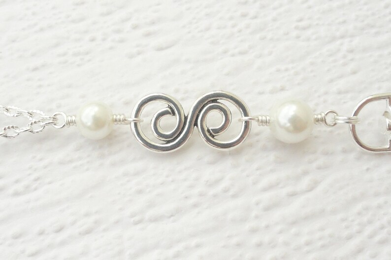 Geometric Lanyard Woman Gift Nurse Silver Lanyard Necklace S Charm Pearl Lanyard White Pearl Badge Holder Silver Pearl ID Badge Holder