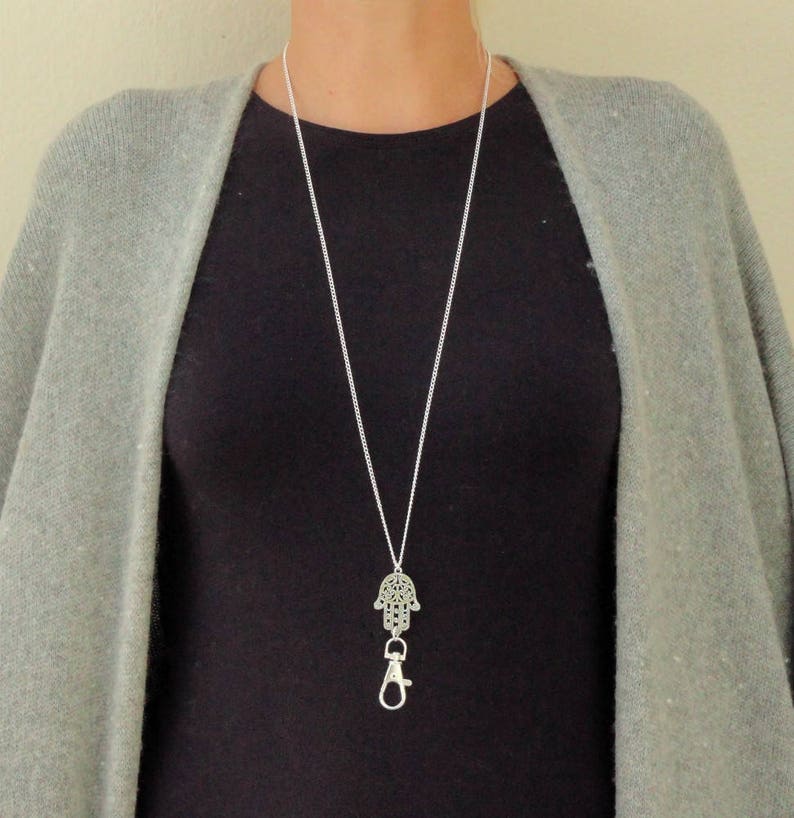 Lanyard Silver Boho Silver Lanyard Simple Modern Women Name Badge Holder Necklace Hand of Fatima Hamsa Hand Lanyard Silver Mask Holder