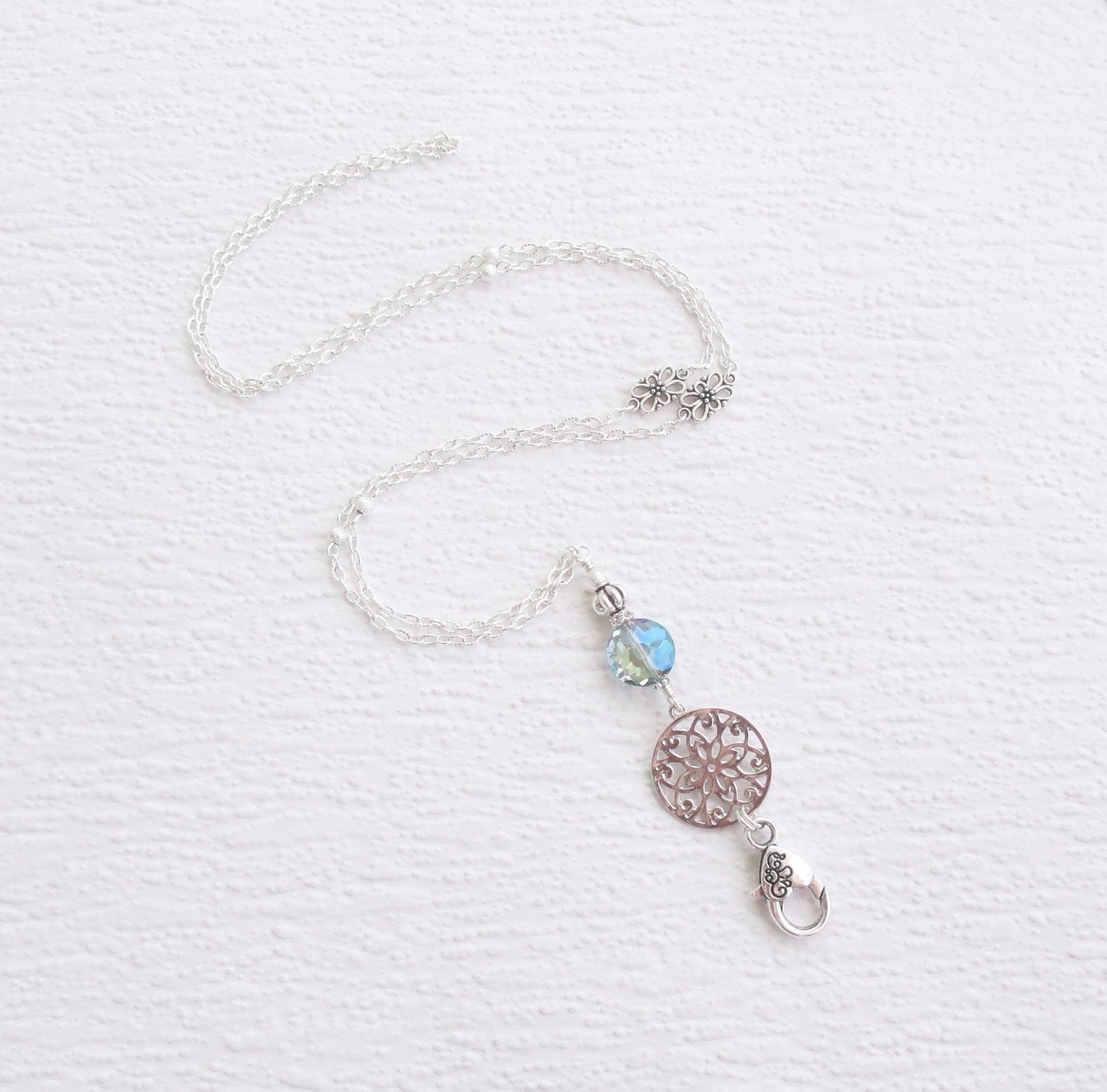 Silver Necklace Lanyard Crystal Lanyard Blue ID Badge Holder Etsy