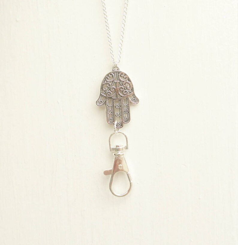 Lanyard Silver Boho Silver Lanyard Simple Modern Women Name Badge Holder Necklace Hand of Fatima Hamsa Hand Lanyard Silver Mask Holder