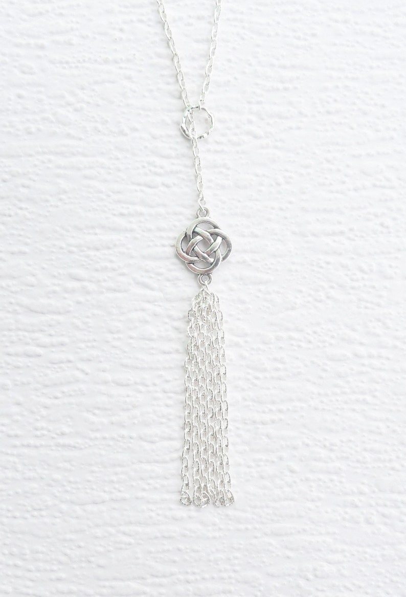 Celtic Knot Lariat Necklace Silver Tassel Long Necklace Etsy