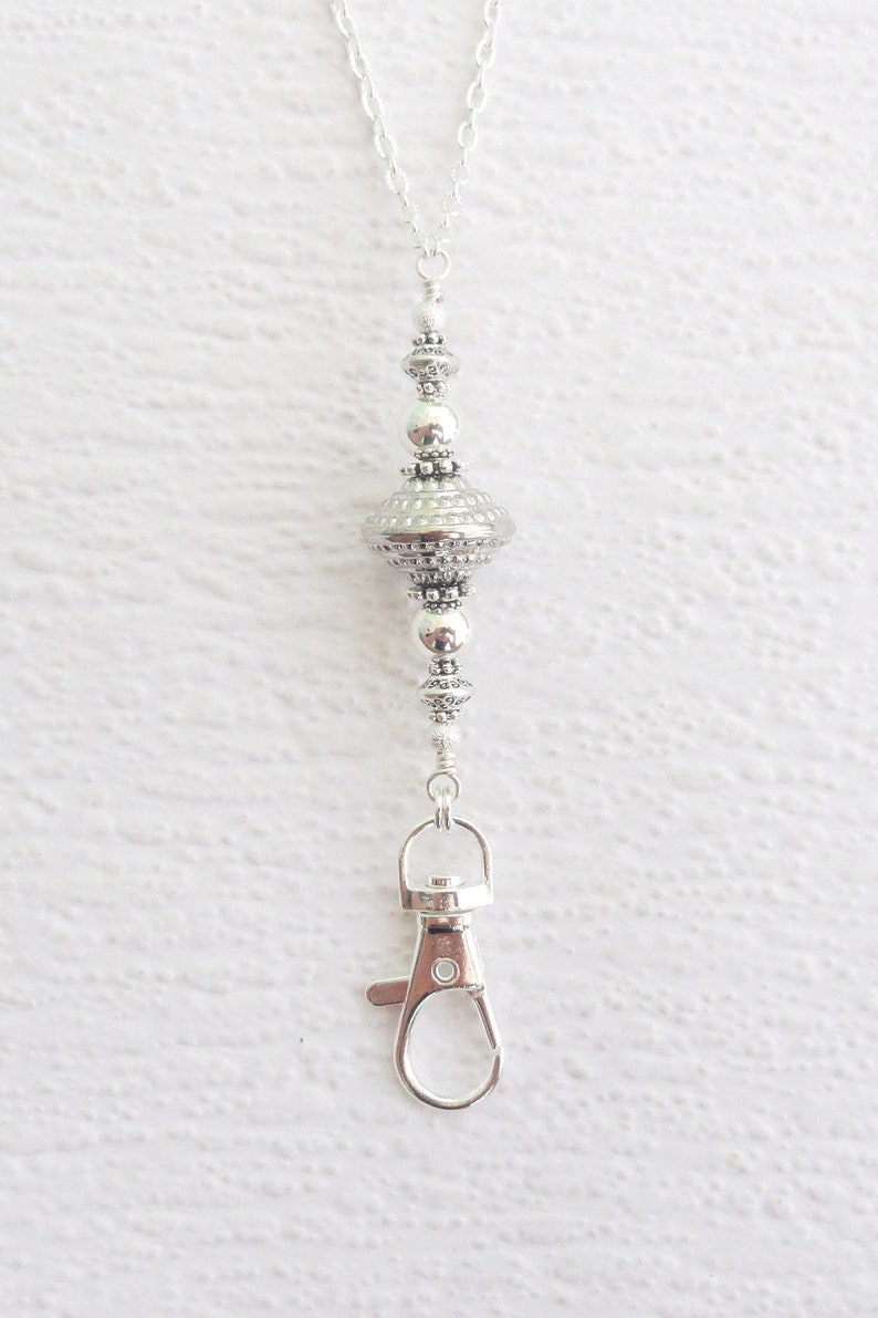 Silver Necklace Lanyard Beaded Lanyard Silver Silver ID Etsy