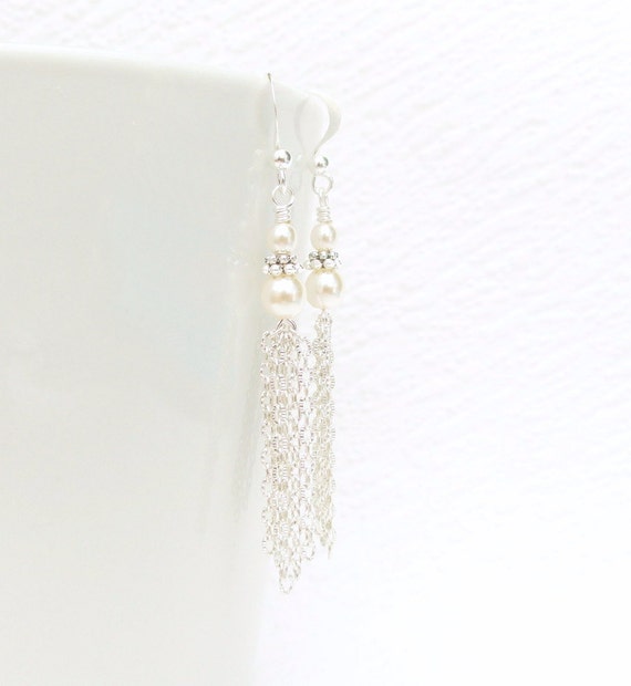 White Pearl Tassel Earring Silver Tassel Earring with Pearl Etsy