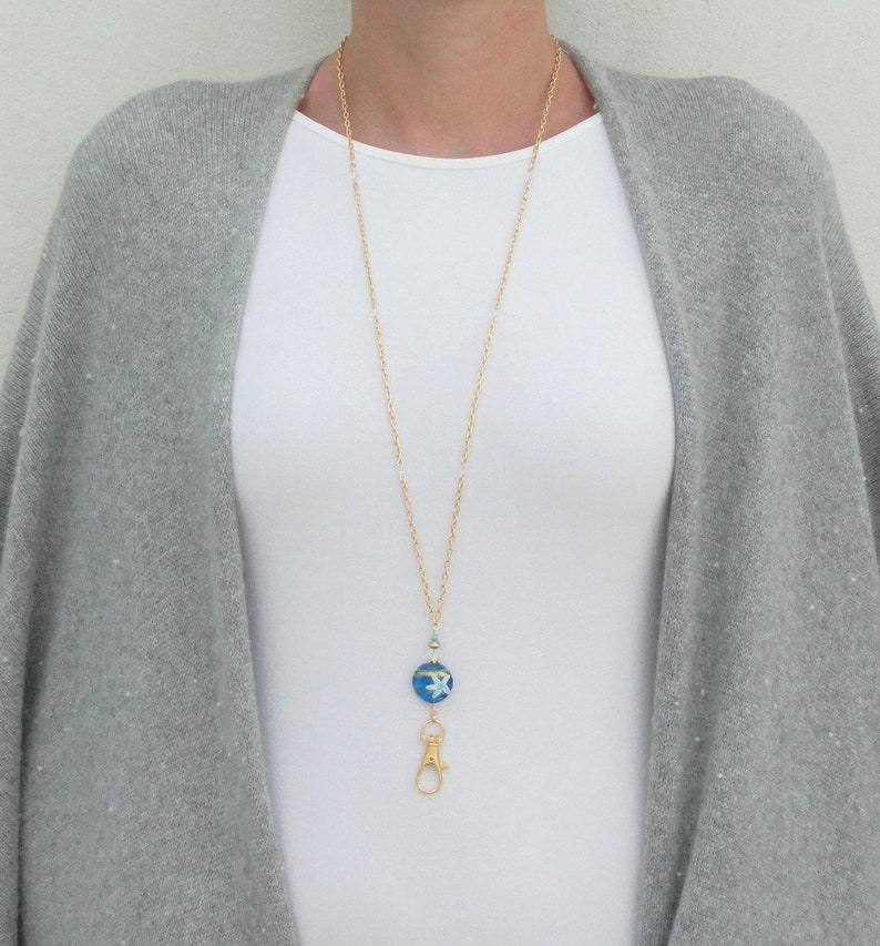 Beach Lover Gift Blue Lanyard Necklace Gold ID Badge Holder Beach Lanyard Beach Glasses Holder Gold Lanyard Ocean Lanyard Gold