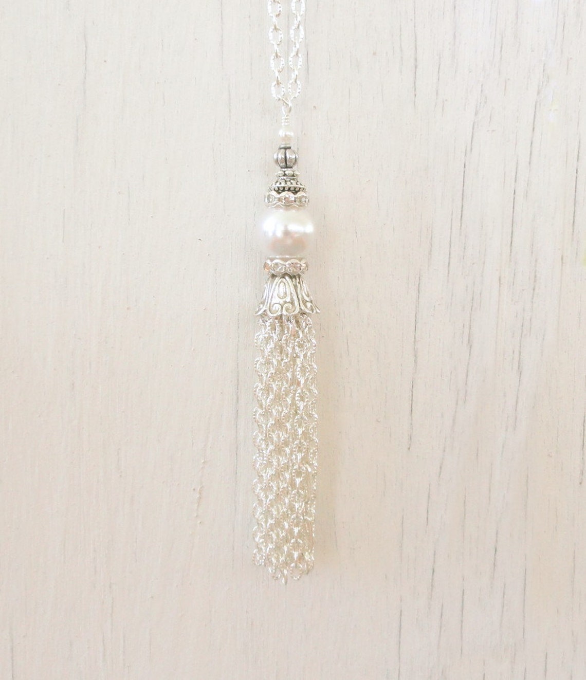 Pearl Tassel Necklace Silver Tassel Necklace White Pearl - Etsy