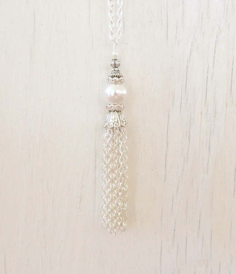 Pearl Tassel Necklace Silver Tassel Necklace White Pearl - Etsy