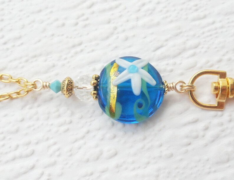 Beach Lover Gift Blue Lanyard Necklace Gold ID Badge Holder Beach Lanyard Beach Glasses Holder Gold Lanyard Ocean Lanyard Gold
