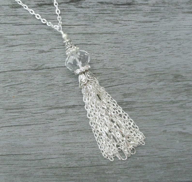 Tassel Necklace Silver Crystal Tassel Necklace Beaded Silver Etsy