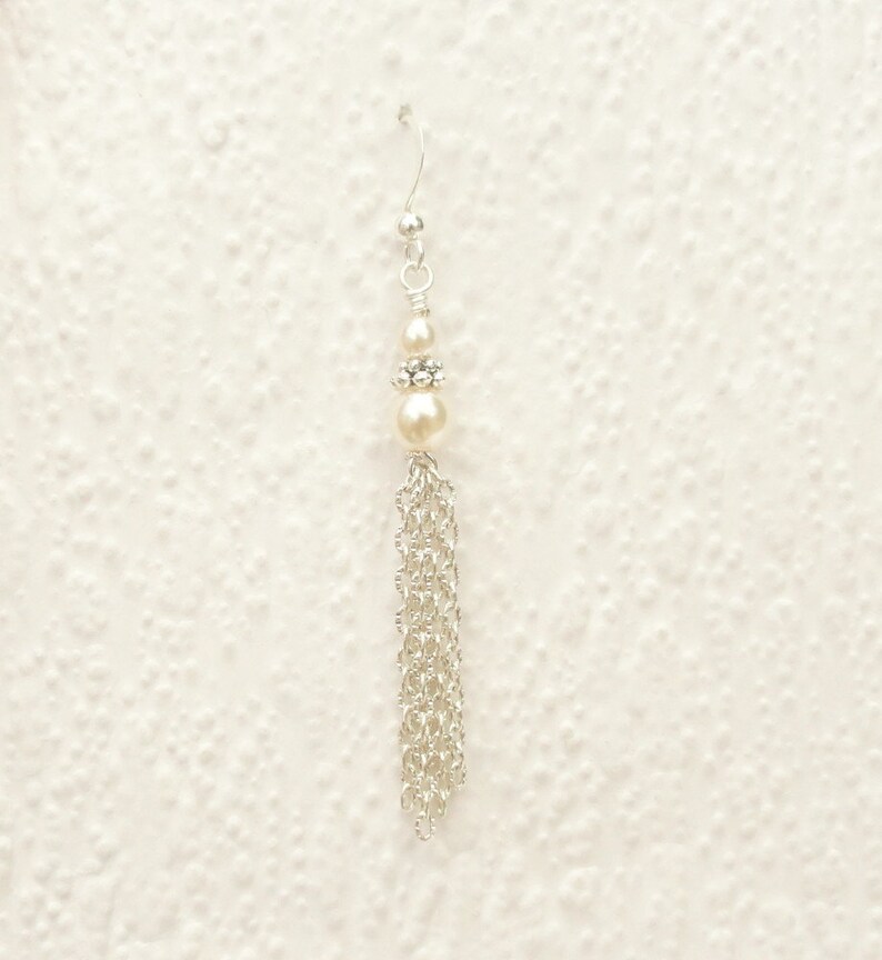 White Pearl Tassel Earring Silver Tassel Earring with Pearl Etsy