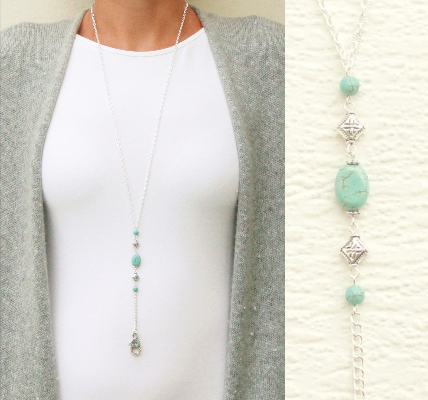 Silver ID Badge Holder Necklace Turquoise Lanyard Necklace Etsy