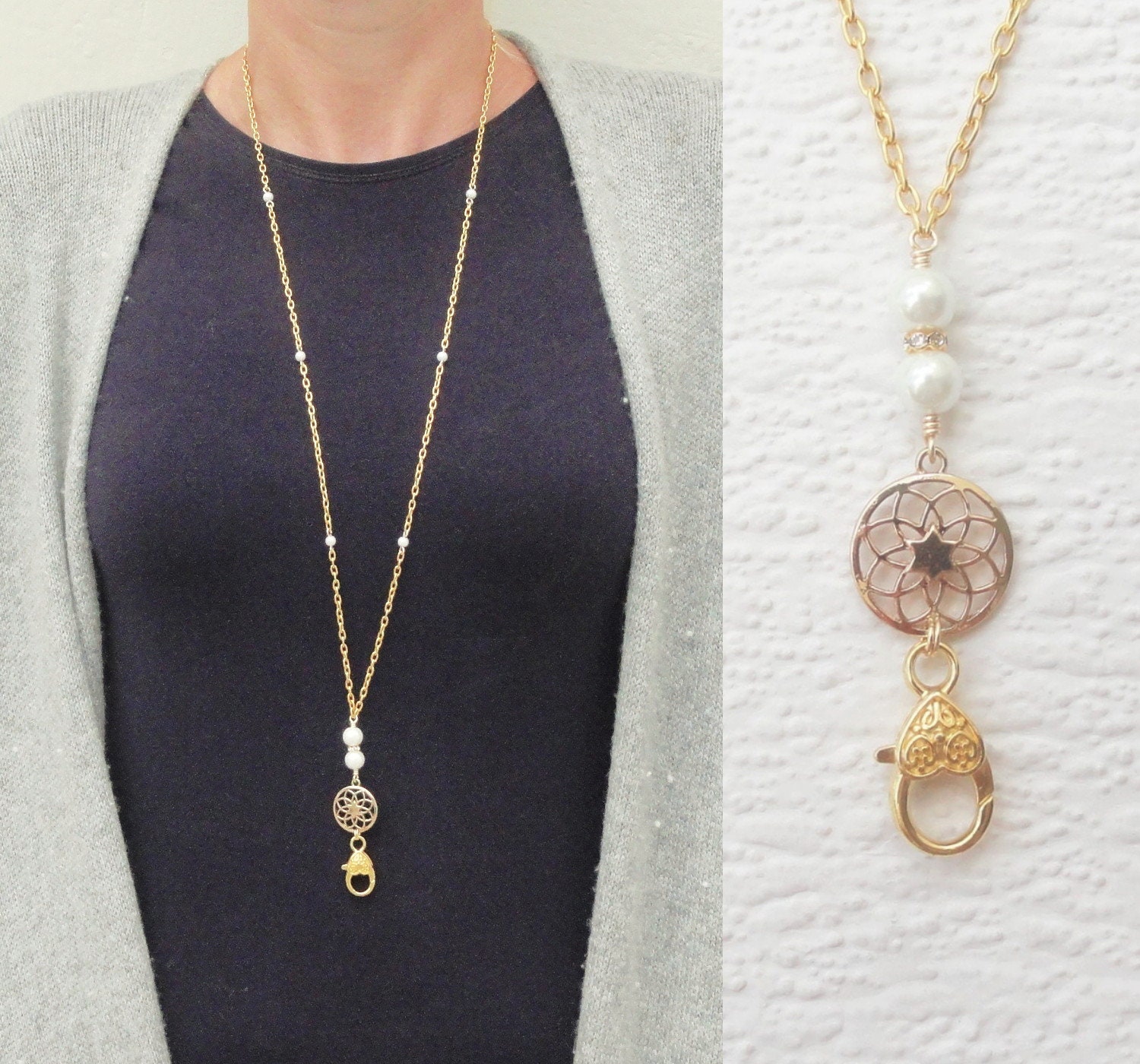 Gold Lanyard Pearl Lanyard Gold Necklace Lanyard Gold ID Etsy