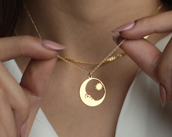Collier lune et soleil en argent sterling : breloque en or 18 carats, accessoire de plage