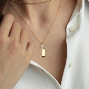 May include: A gold-colored necklace featuring a small cleaver pendant. The pendant hangs from a delicate gold chain, with a second, shorter chain visible above. The necklace is worn against a white shirt.