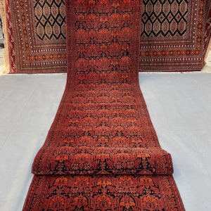 13ft Vintage Afghan Sarooqi Runner, Deep Crimson Geometric Gul Rug, 3x13 Slim Tribal Hallway Carpet, Luxury Red Floor Art, Narrow Space Rug