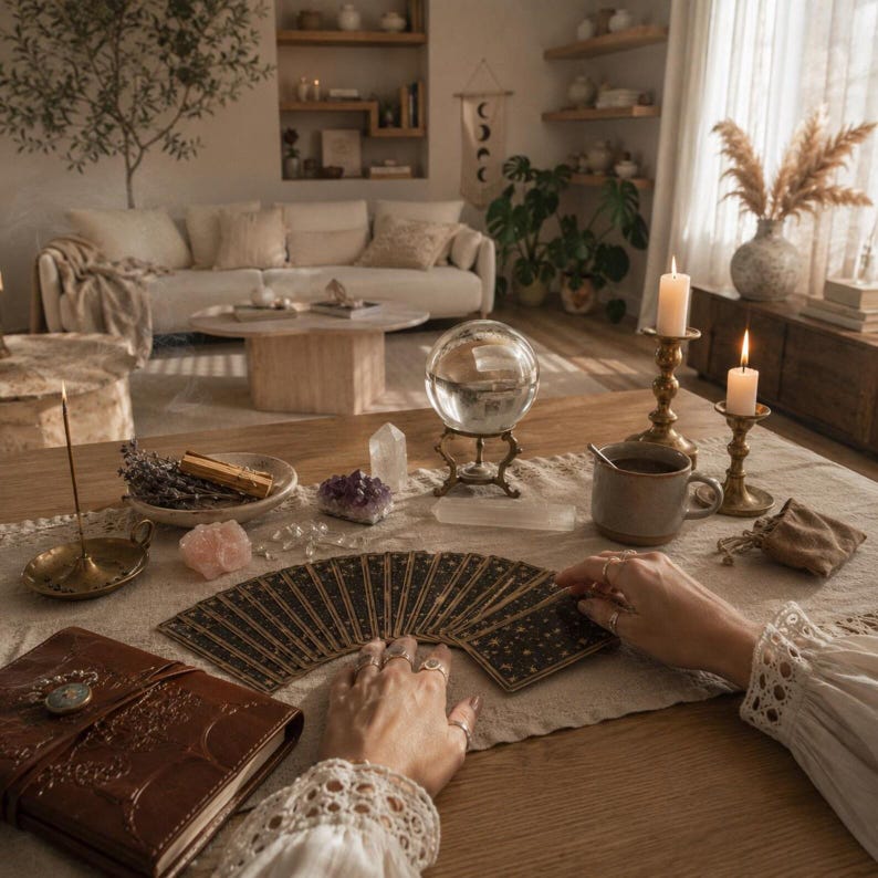May include: A wooden table covered with a linen cloth featuring a fan of dark tarot cards with gold celestial patterns, a clear crystal ball on a metal stand, two lit candles in brass holders, a ceramic mug, crystals, and a brown leather journal.