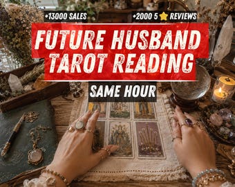 May include: A tarot reading setup featuring a spread of cards on a textured cloth, surrounded by crystals, a crystal ball, a candle, and a journal. The text reads +13000 SALES, +2000 5 STAR REVIEWS, FUTURE HUSBAND TAROT READING, and SAME HOUR.