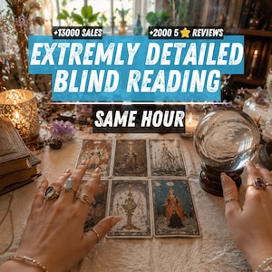 May include: A clear crystal ball sits on a dark wooden base next to six tarot cards arranged in two rows. The text overlay reads +13000 SALES, +2000 5 STAR REVIEWS, EXTREMELY DETAILED BLIND READING, and SAME HOUR. The scene includes candles and crystals.