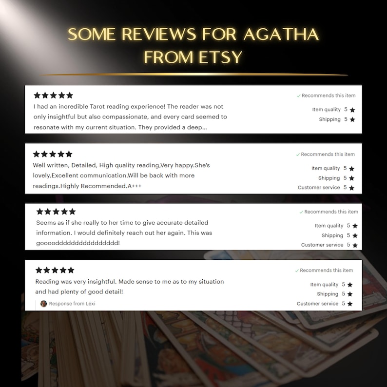May include: Image featuring Etsy reviews for Agatha. The text reads "SOME REVIEWS FOR AGATHA FROM ETSY." The reviews are positive, with 5-star ratings for item quality, shipping, and customer service. The reviews mention insightful readings and detailed information.