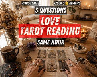 May include: A tarot reading service featuring six cards laid out on a cloth. Text overlays read +13000 SALES, +2000 5 STAR REVIEWS, 3 QUESTIONS, LOVE TAROT READING, and SAME HOUR. The scene includes a black mug, crystals, a notebook, and a pen.