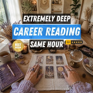 May include: A tarot card reading setup featuring six cards laid out on a light-coloured cloth. The text reads EXTREMELY DEEP CAREER READING SAME HOUR. A purple journal, a pen, a crystal ball, and various crystals are arranged on a wooden table.