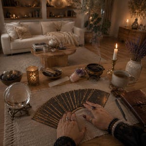 May include: A wooden table holds a fan of dark tarot cards with gold edges, a clear crystal ball on a metal stand, a lit candle in a brass holder, a ceramic mug, a bowl of polished stones, a small incense burner, and a leather-bound journal.
