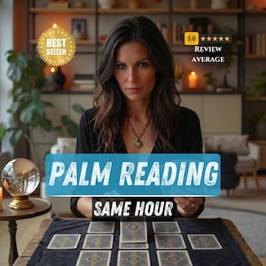 Op de afbeelding: Een afbeelding met een vrouw met lang bruin haar, een kristallen bol en tarotkaarten. De tekst "PALM READING" en "SAME HOUR" is zichtbaar. Een "BEST SELLER" badge en een 5,0-sterren beoordeling zijn ook aanwezig.