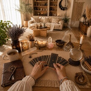 May include: A wooden table holds a deck of tarot cards with star patterns, a crystal ball, a brown leather journal with a pen, a mug, a vase of lavender, a candle, and incense smoke. The scene is set in a living room with a sofa and shelves.