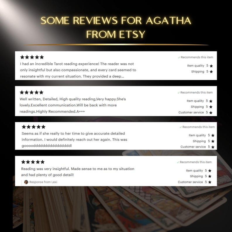 May include: Image featuring Etsy reviews for Agatha. The text reads "SOME REVIEWS FOR AGATHA FROM ETSY." The reviews are positive, with 5-star ratings for item quality, shipping, and customer service. The reviews mention insightful readings and detailed information.